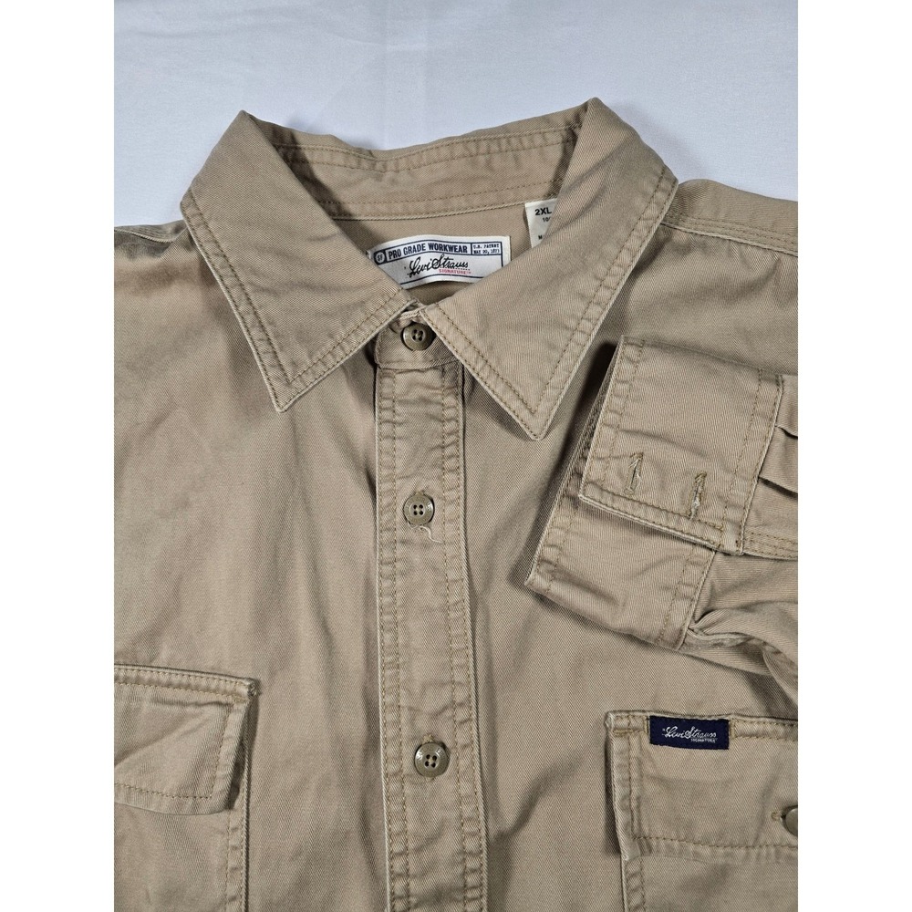 Levi Strauss Signature Mens 2XL Khaki Tan Pro Grade Workwear Cotton Twill Shirt